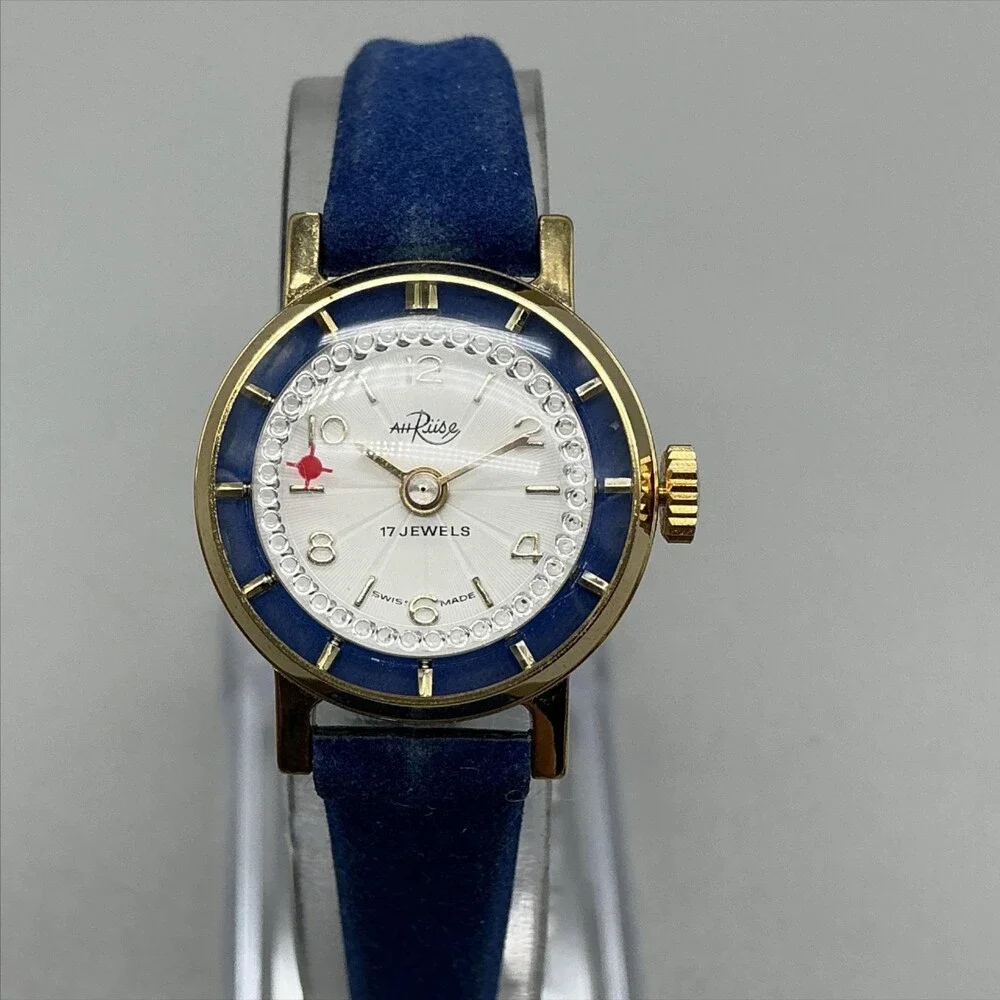 VintageAH Riise Womens Watch 23mm Mystery Dial Blue Bezel 17 Jewels Manual Swiss